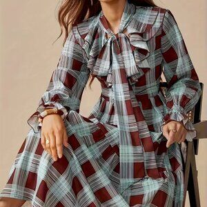 Plaid Boho Spilled Ruffle Collar Maxi Dress